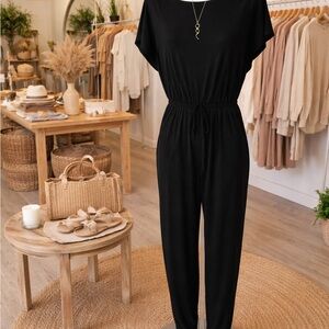 Women's Black Jumpsuit with Drawstring Waist With Handmade Gold Necklace